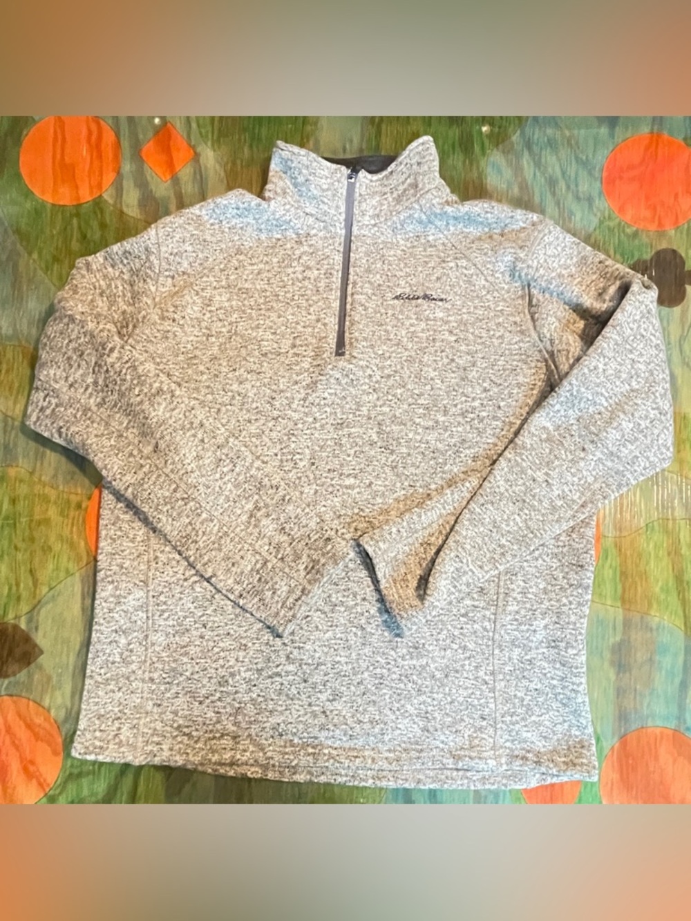 Eddie Bauer Gray Beige Quarter Zip Sweatshirt Pullover Size XL Long Sleeve Logo